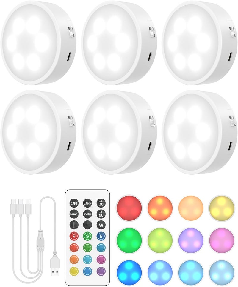 GOODEA Puck Lights with Remote, 13 RGB Colors LED Under Cabinet Light, Rechargeable Battery Operated Under Cabinet Lighting Tap Lights, Stick on Lights with Dimmer and Timer（6 Pack） - Image 1
